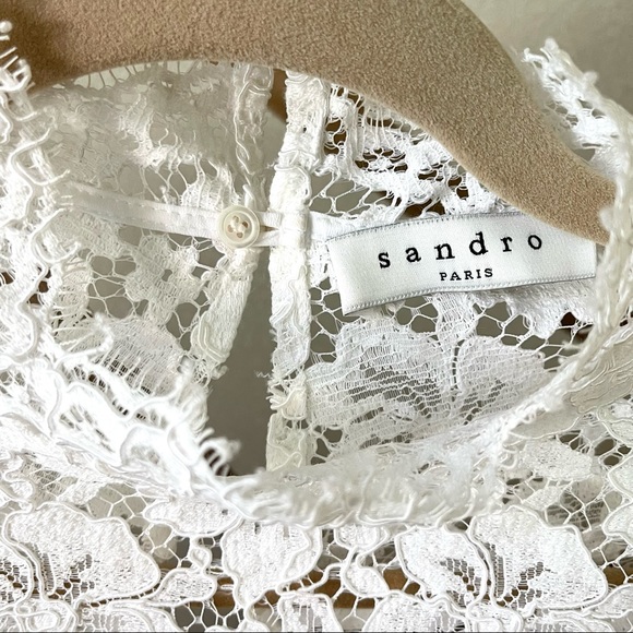 SANDRO | 🤍 White Lace Mock Neck Blouse w/ Thin Pinstripe Panel | Size 1 (Small) - Picture 11 of 16